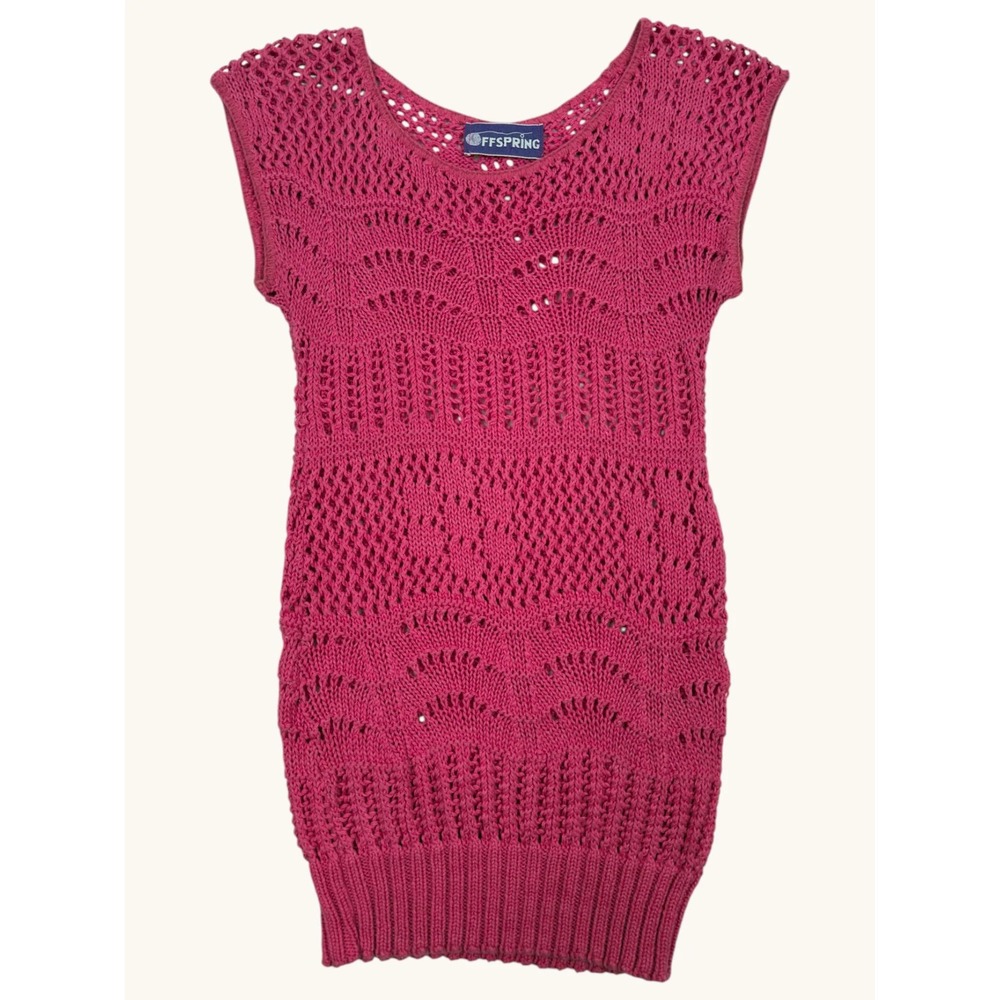 Offspring Magenta Pink Crochet Knit Sleeveless Sweater Top Scoop Neck Ribbed Hem